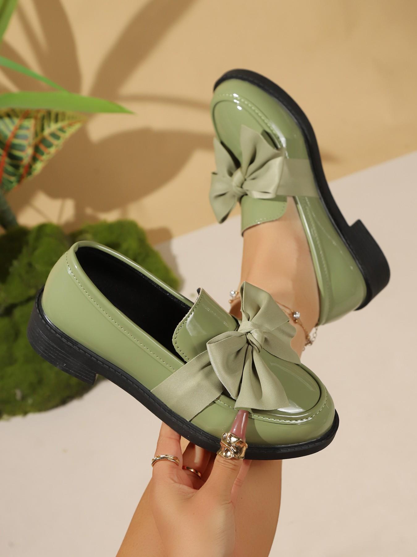 Women's Chunky Heel Patent Leather Loafer Shoes, Plain Design PU Upper Material Rubber Sole, Preppy Style Less Than Ankle Height