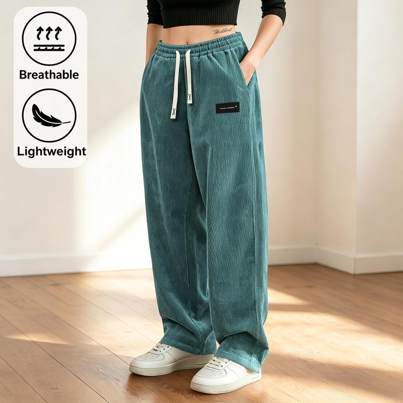 Women's High-Waisted Corduroy Wide Leg Joggers - Elastic Waist, Drawstring, Loose Fit, Full Length Casual Wear, Suitable for Daily Streets, Casual Outings
