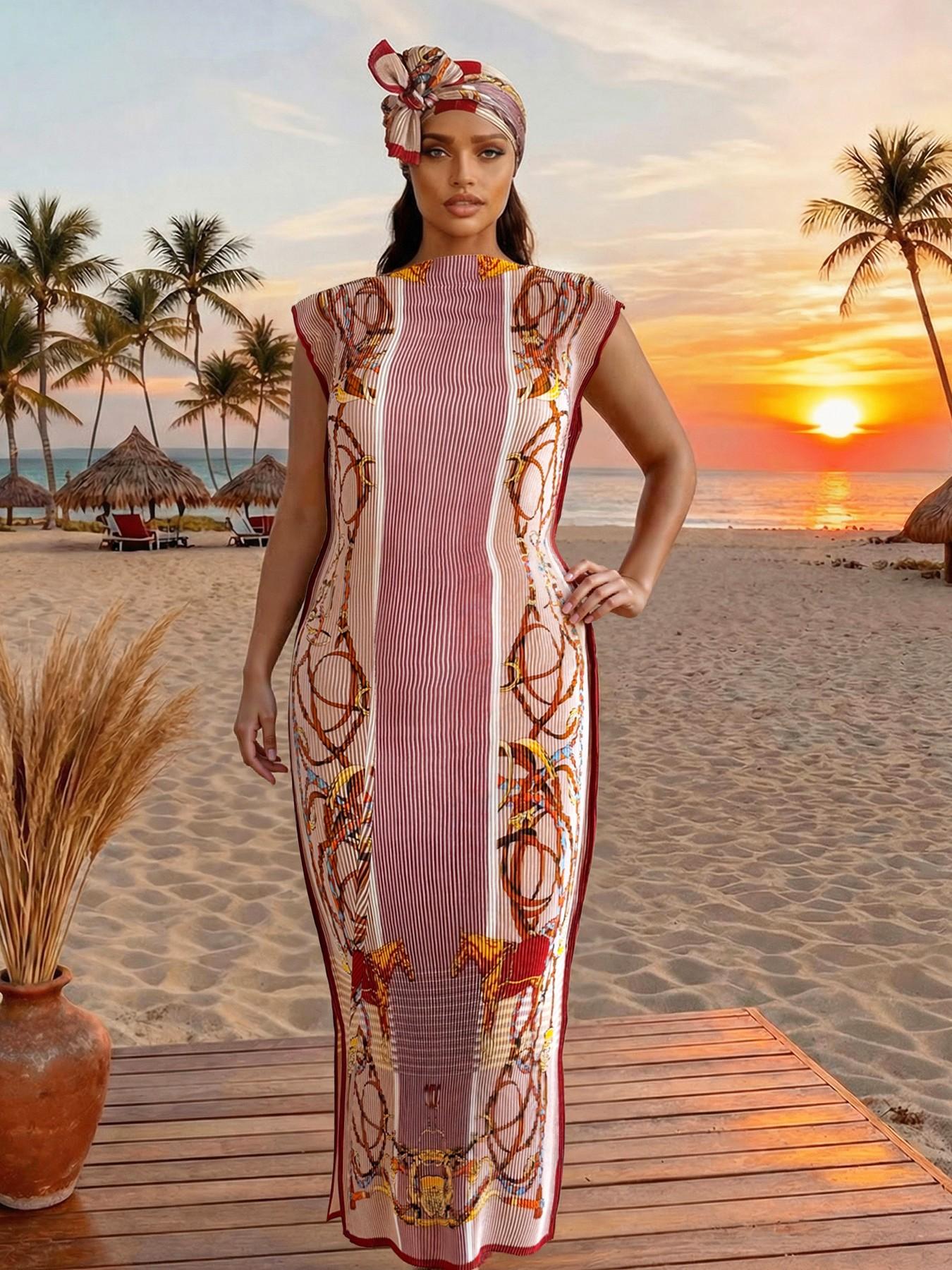 Elegant Pleated Fit and Flare Moo Moo Long Dress with Equestrian Print, Complete Set with Shawl and Long Silk Scarf for Beach Sun Protection, Beach Cover Ups, Swimsuit Cover Up Elegant Pleated Fit and Flare Moo Moo Long Dress with Equestrian Print, Complete Set with Shawl and Long Silk Scarf for Beach Sun Protection, Beach Cover Ups, Swimsuit Cover Up