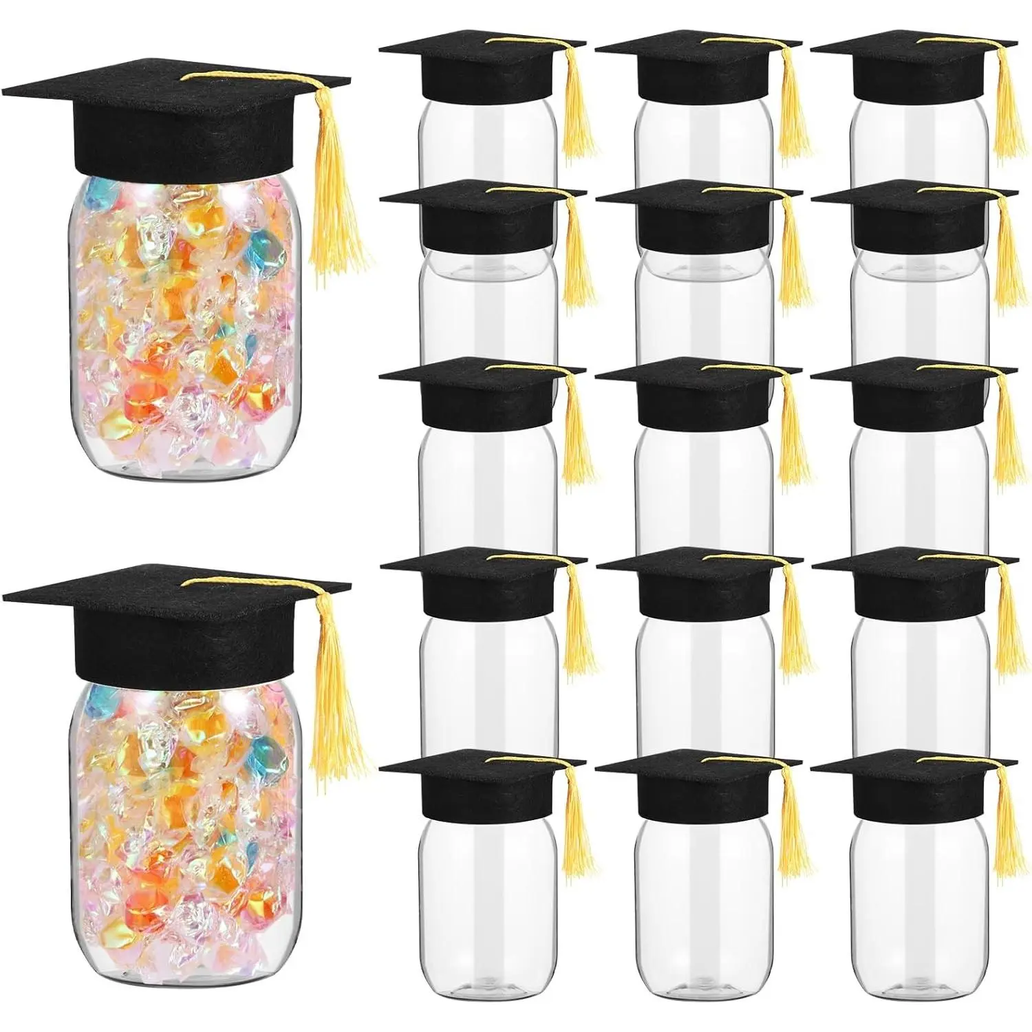 16 Set DIY Graduation Jar Decorations Mason Jar Graduation Candy Gifts Jar Plastic Jars and Class of 2026 Felt Graduation Cap for 2026 Graduation Gift Party Decoration Supplies