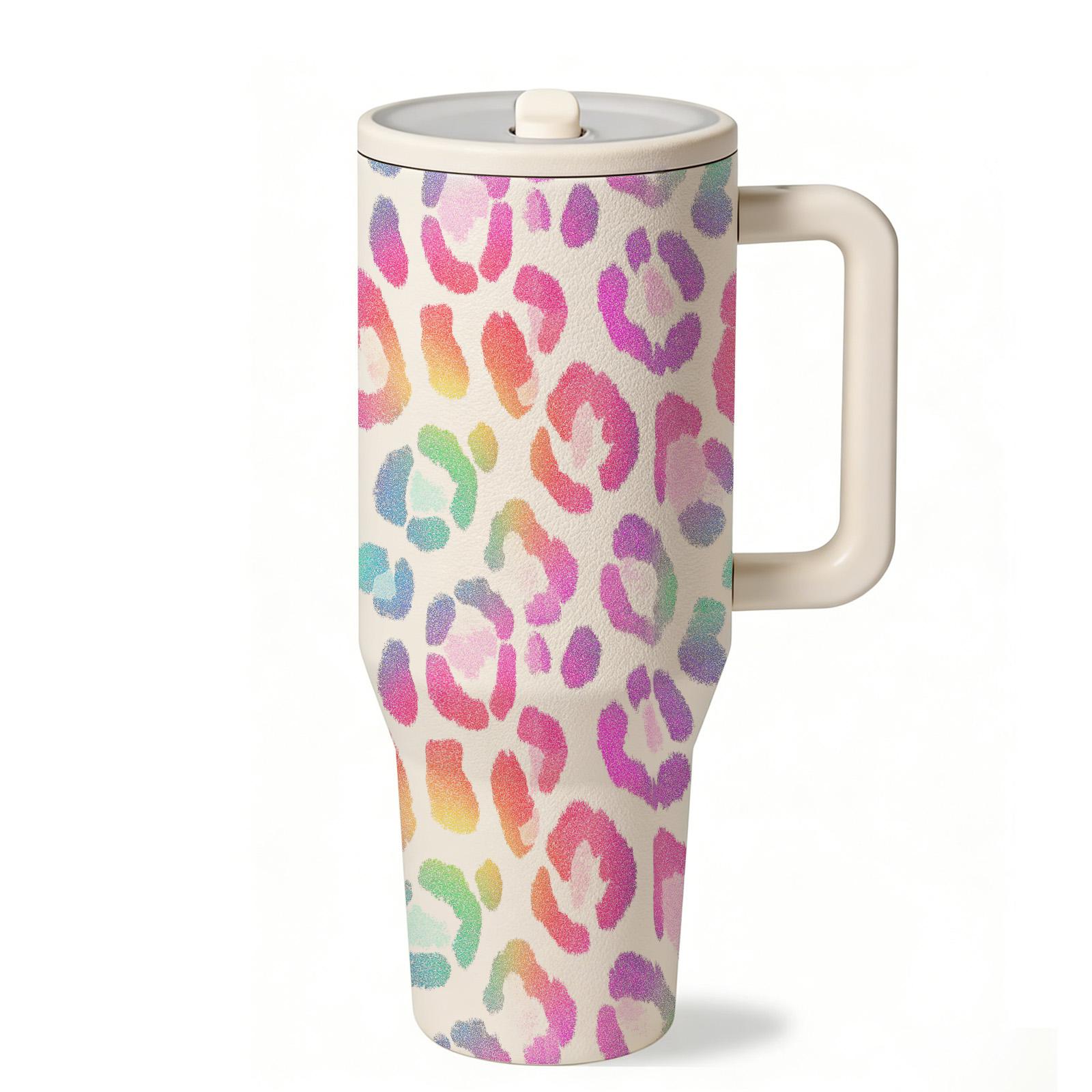 1 Pc Rainbow Leopard Print thermal mug, Vacuum insulated tumbler,40oz with handle, double wall vacuum insulated stainless, leak proof lid, keeps hot 12h cold 24h, for iced coffee tea water, sweat free grip, travel office daily, gift for women men