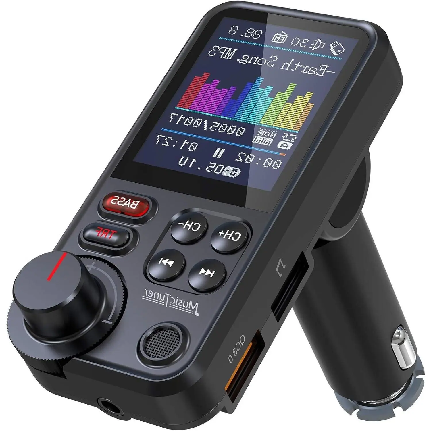 KM30 Bluetooth Car Adapter, FM Transmitter with 1.8" Color Screen, Hands-Free Calling, QC3.0 Fast Charging, Treble & Bass Sound, AUX/TF/USB Support, 170° Adjustable ViewingGift