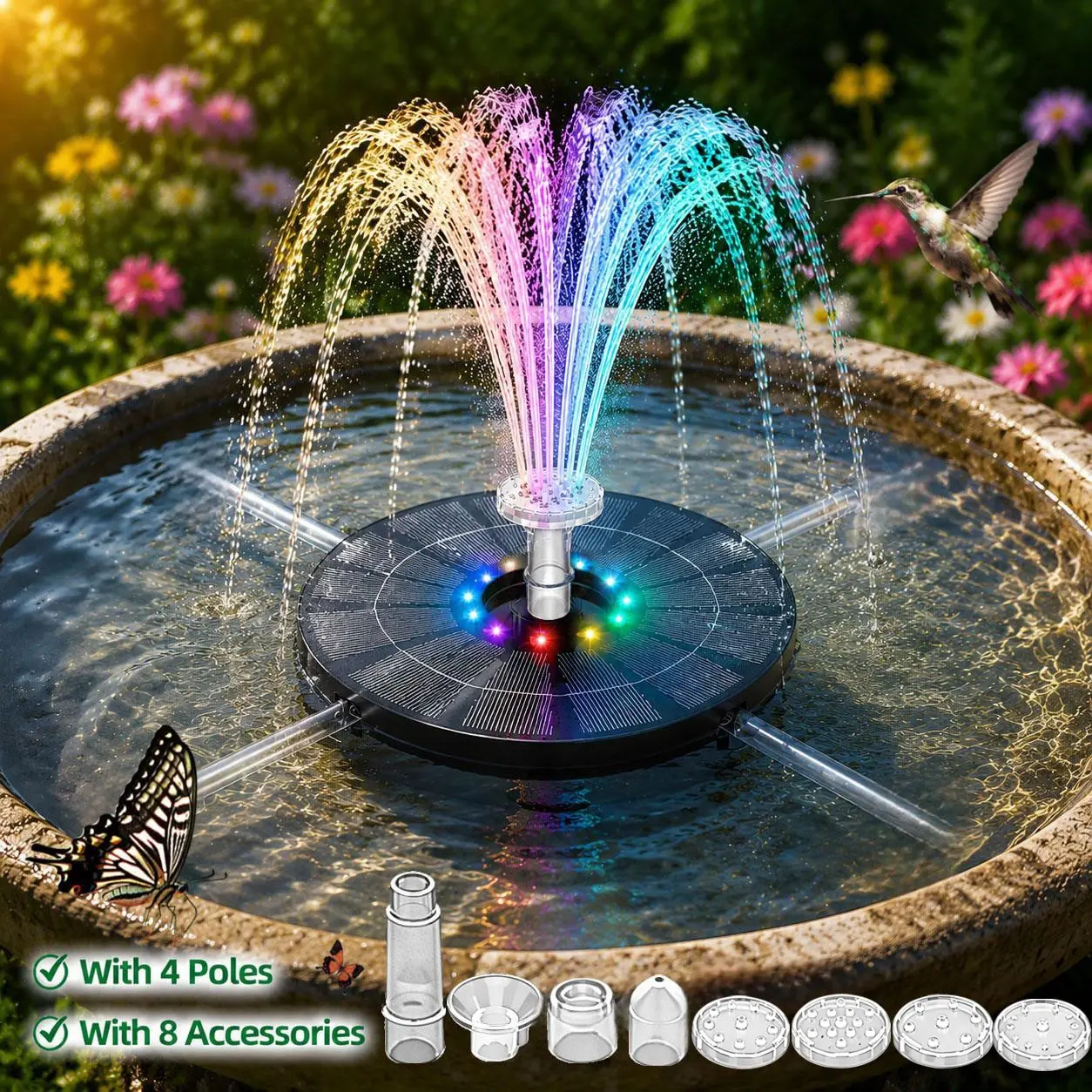 Outdoor Fountain with Colored LED Lights & Floating Pump - Solar Bird Bath Fountain Suitable for Garden, Pond, Pool,, Water Feature with Floating Pump and Water Spray Nozzles, Self-Sustaining Decoration for Terrace and Poolscape