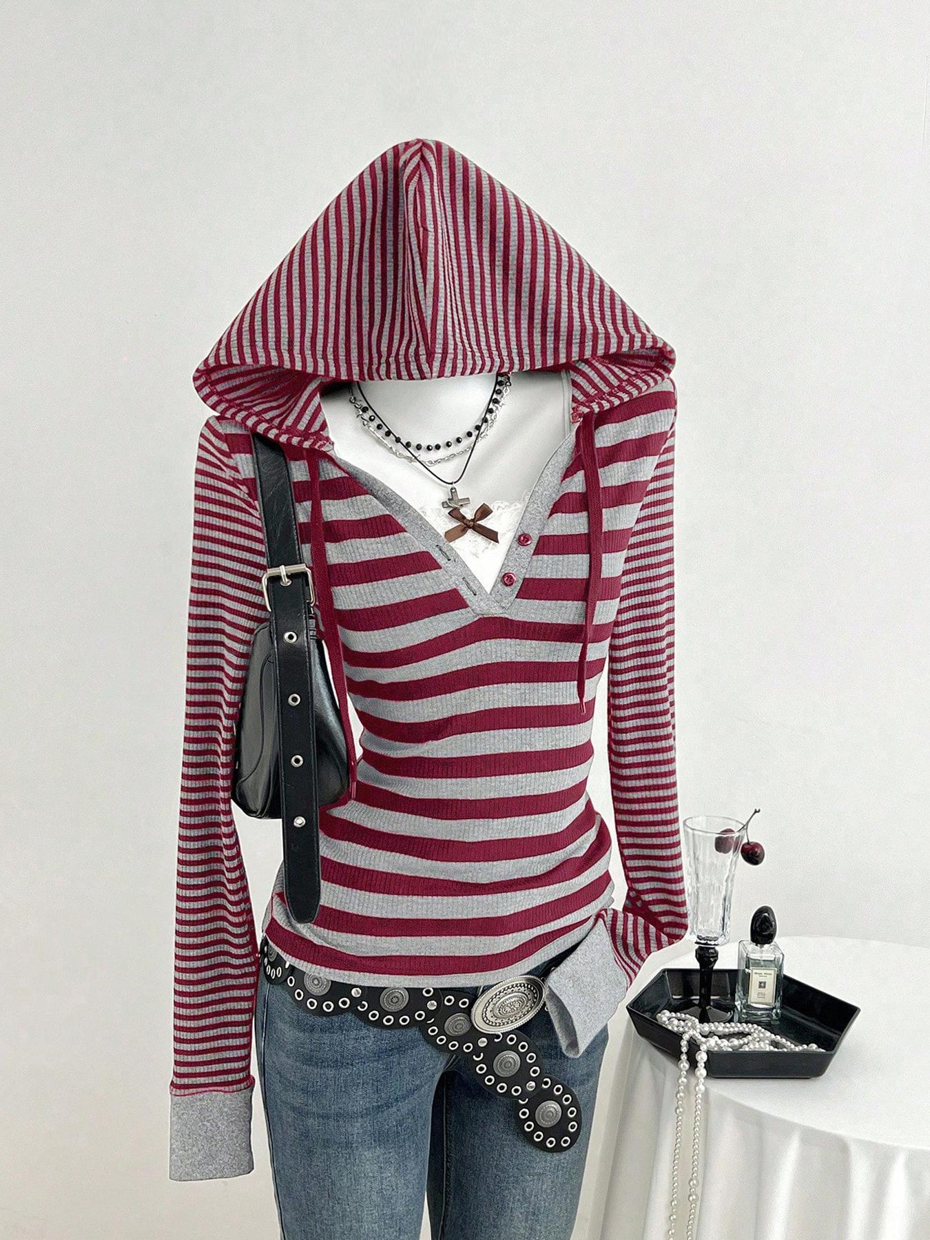 American Street Style Striped Hooded Top for Daily, Trendy Casual Slim Fit Wear