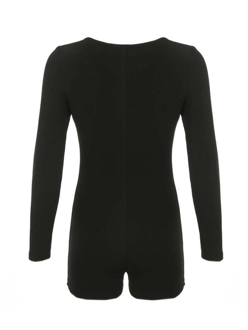 Women's Sexy Tight Hollow Out Scoop Neck One-piece Romper, Minimalist Street Fashion Solid Romper for Lady, Fall Clothes, Ladies Clothes for Spring & Summer, Womenswear Rompers for Party Club, Women's Clothing, Longsleeves