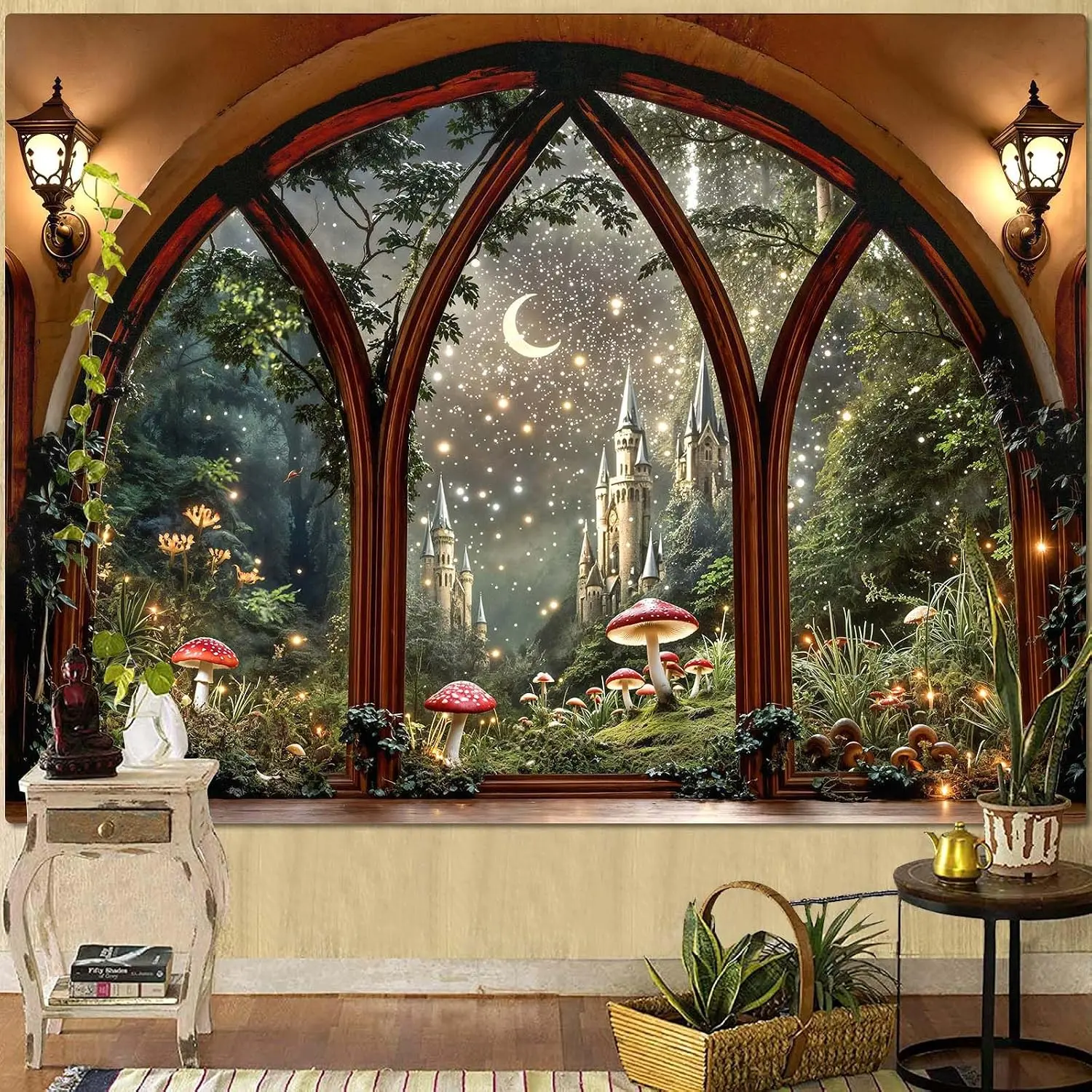 Magical Fantasy Castle Window Tapestry, Enchanted Forest Wall Hanging Decor with Moon, Stars, Mushroom Woodland Scene for Bedroom, Living Room Home Decor