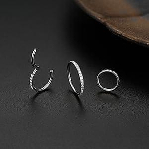 MILACOLATO G23 Titanium CZ Nose Rings Hoop for Women 18G 16G Clicker Hinged Segment Septum Lip Rings Tragus Conch Helix Cartilage Rook Daith Earrings Hoop Piercing Jewelry Diameter 6mm 8mm 10mm Silver Gold