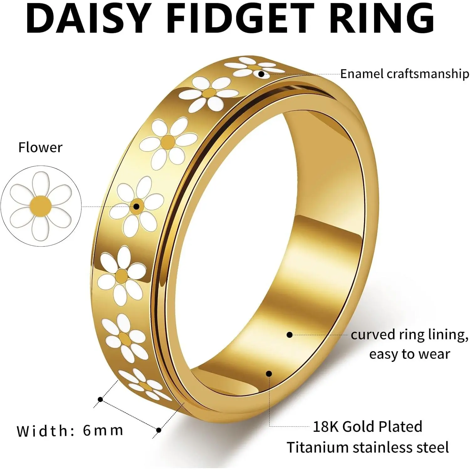 Women's Gold Stainless Steel Floral Daisy Rotating Band Ring - Hypoallergenic, Tarnish-Resistant, Anxiety Relief, Stackable Wedding Promise Ring, Birthday Gift Ideas for Her