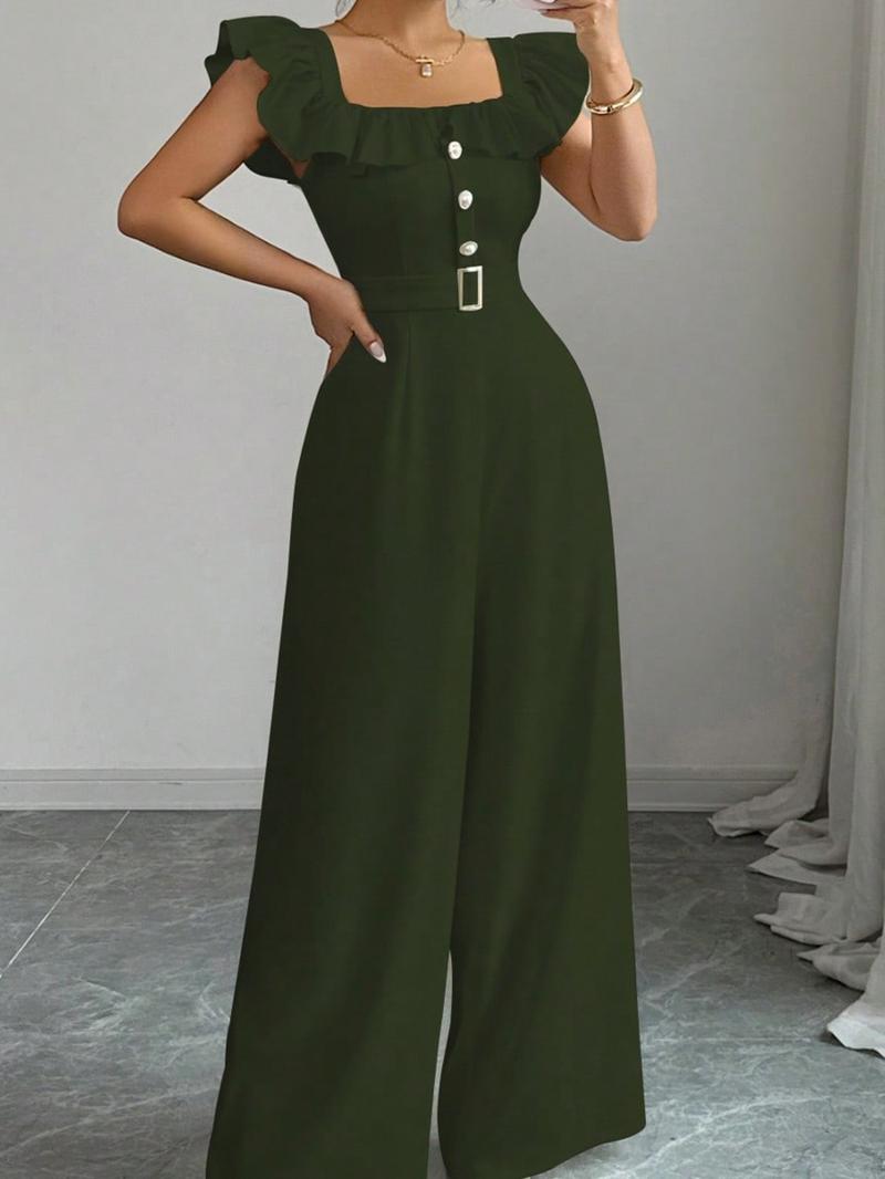 New Women's Square Neck Ruffle Mock Front Belted Button Pants, Casual Fitted Long Pants for Spring & Fall, Elegant Commuter Wear Jumpsuit