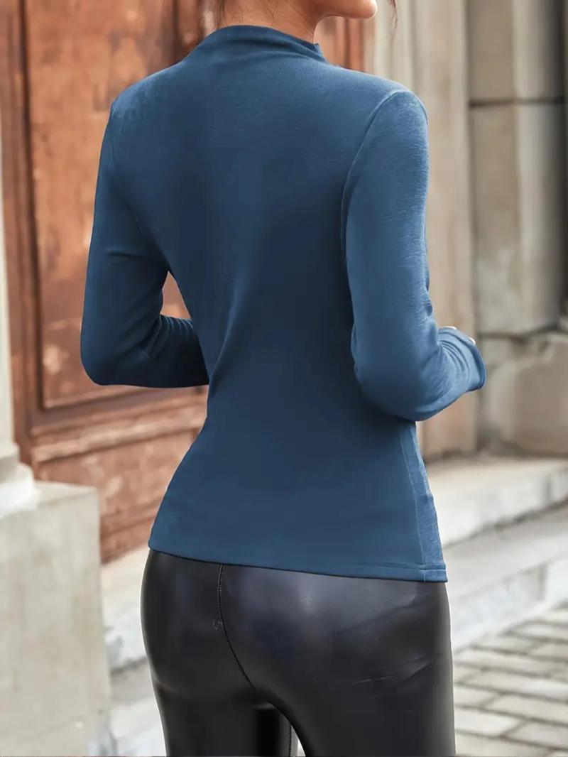 Women's Plain Ruched Mock Neck Tee, Casual Long Sleeve T-Shirt for Daily Wear, Ladies Clothes for All Seasons Women's Plain Ruched Mock Neck Tee, Casual Long Sleeve T-Shirt for Daily Wear, Ladies Clothes for All Seasons