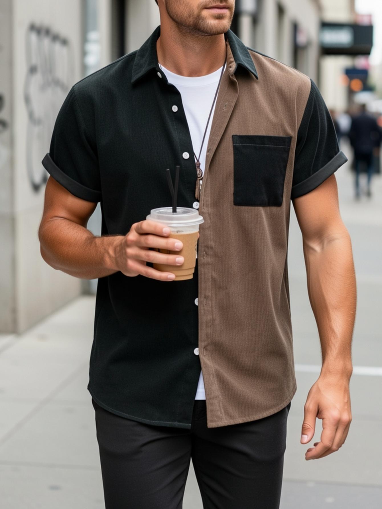 Men'S New Summer Short-Sleeve Corduroy Patchwork Shirt