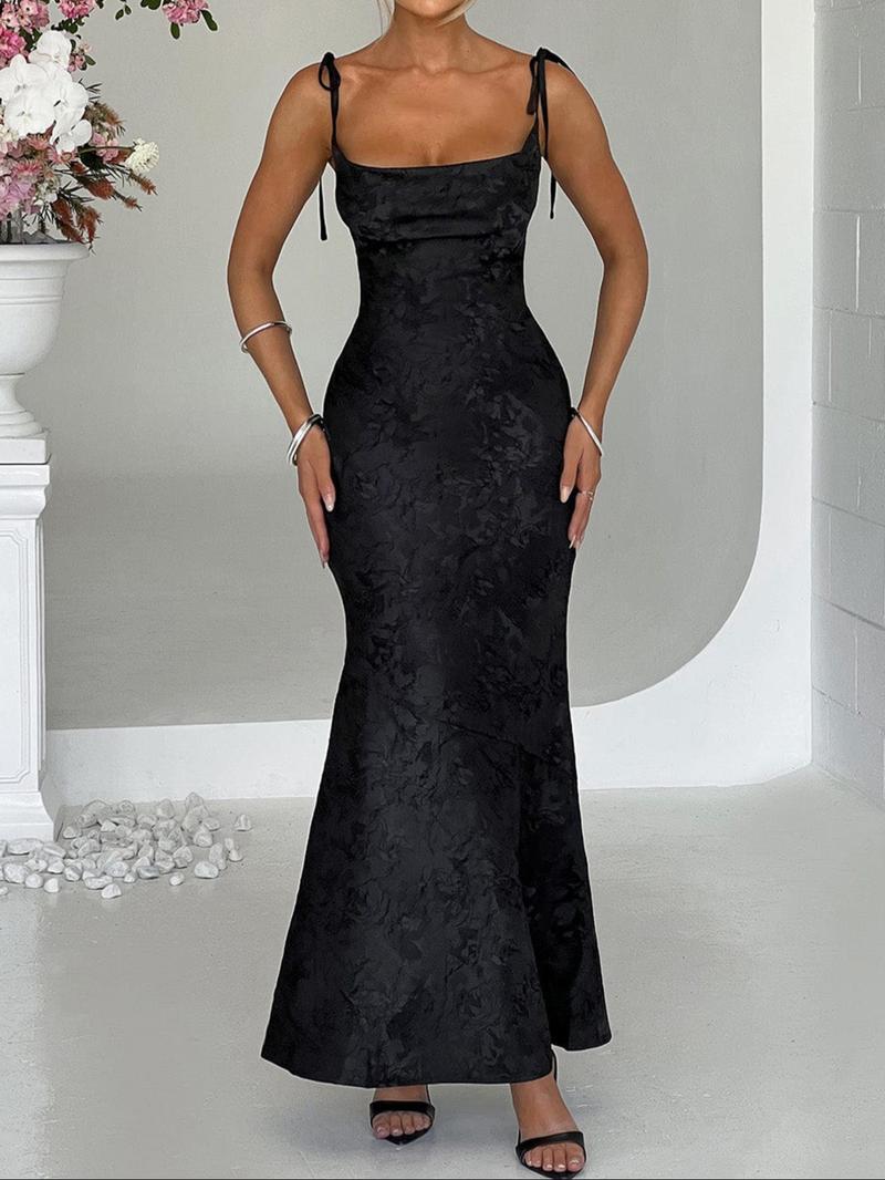 Elegant Backless Tie-Waist Bodycon Dress, Slim-Fitting Sleeveless Long Dress, Casual Plain Style for Women