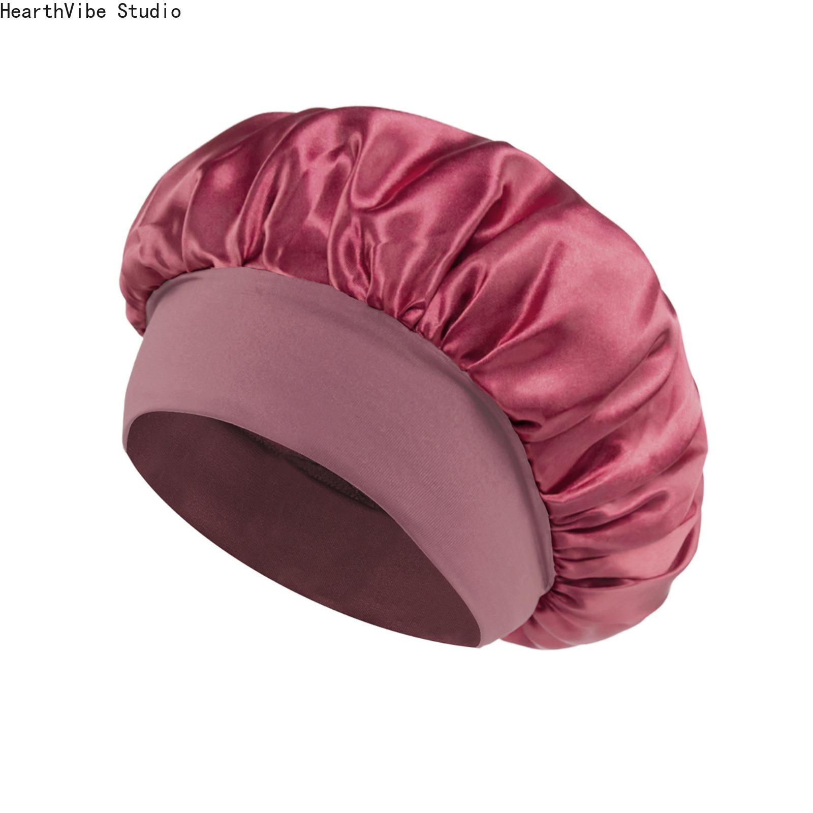 Double-Layer Satin Shower Cap for Women, Modern Minimalist Waterproof & Anti-Frizz Haircare Bonnet, Wide-Brimmed for Salon Styles and Heatless Curls, Beauty Products, Silky, Solid