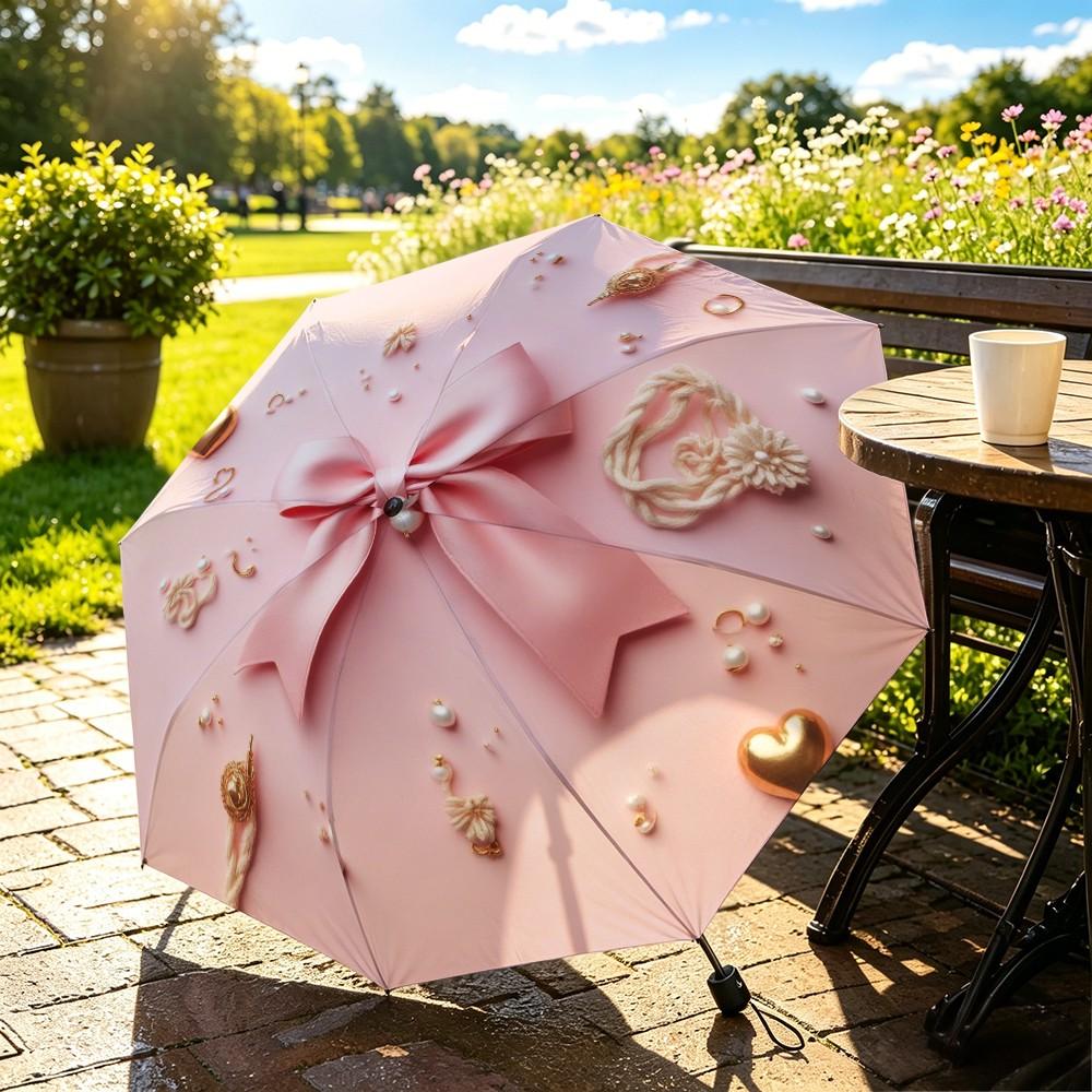 Bow Pearl Heart Folding Umbrella, Automatic Open, Iron Frame, Portable, Suitable for All Seasons, Travel, Office, Formal Events, Portable Outdoor Umbrella