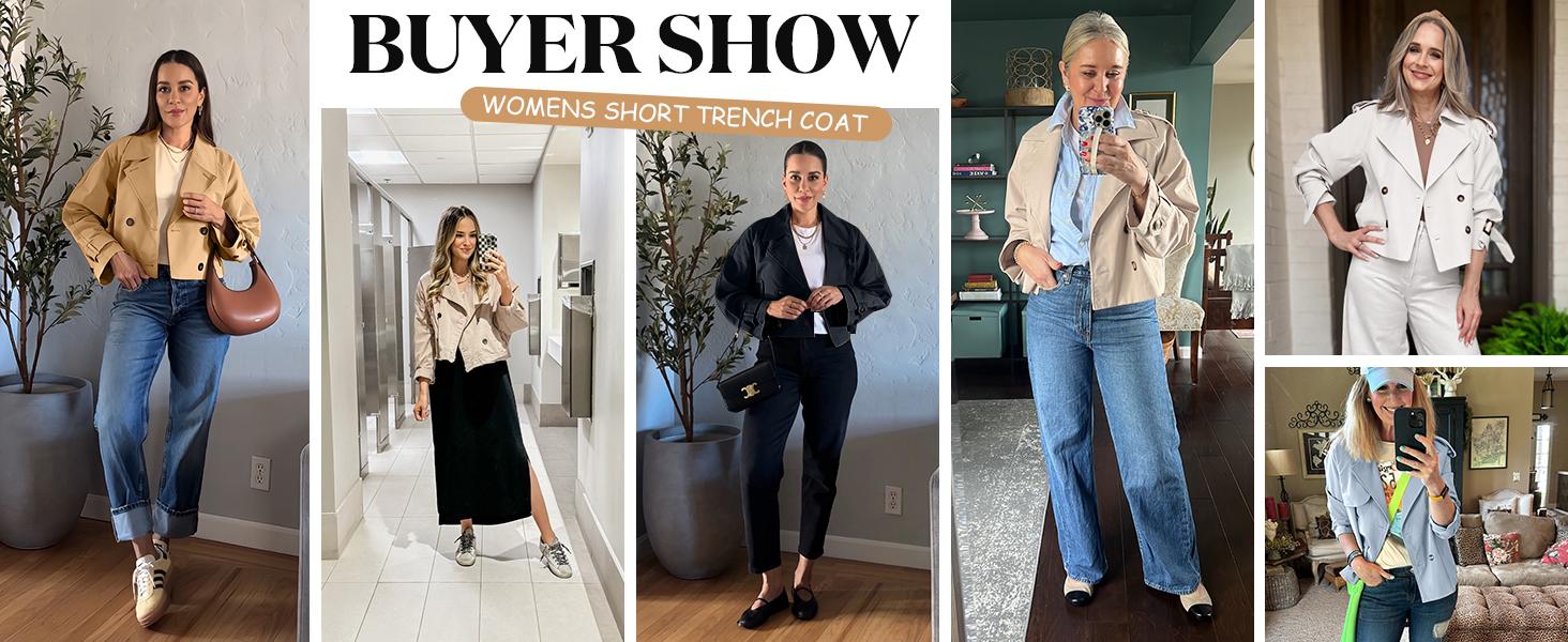 Tankaneo Women Crop Double Breasted Trench Coat Raglan Sleeve Work Office Cropped Jacket With Pockets