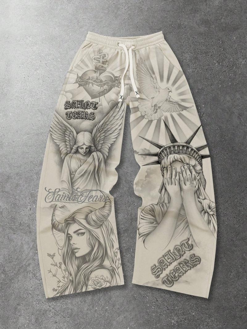 Street Life men's casual wide leg religious style pants, unisex apricot casual sweatpants, Angel Sacred Heart Saint print autumn and winter sports pants, Athleisure Style Bottoms