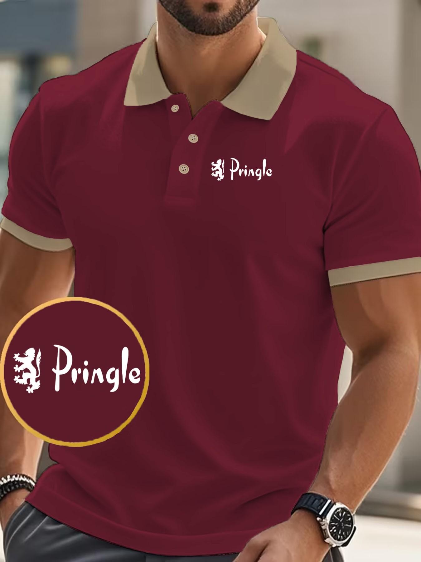 Men's Pringle Scottish Lion Emblem Polo Shirt, Breathable Cotton Slim Fit, Casual Business Style, Ideal for Golf, Commute, Office