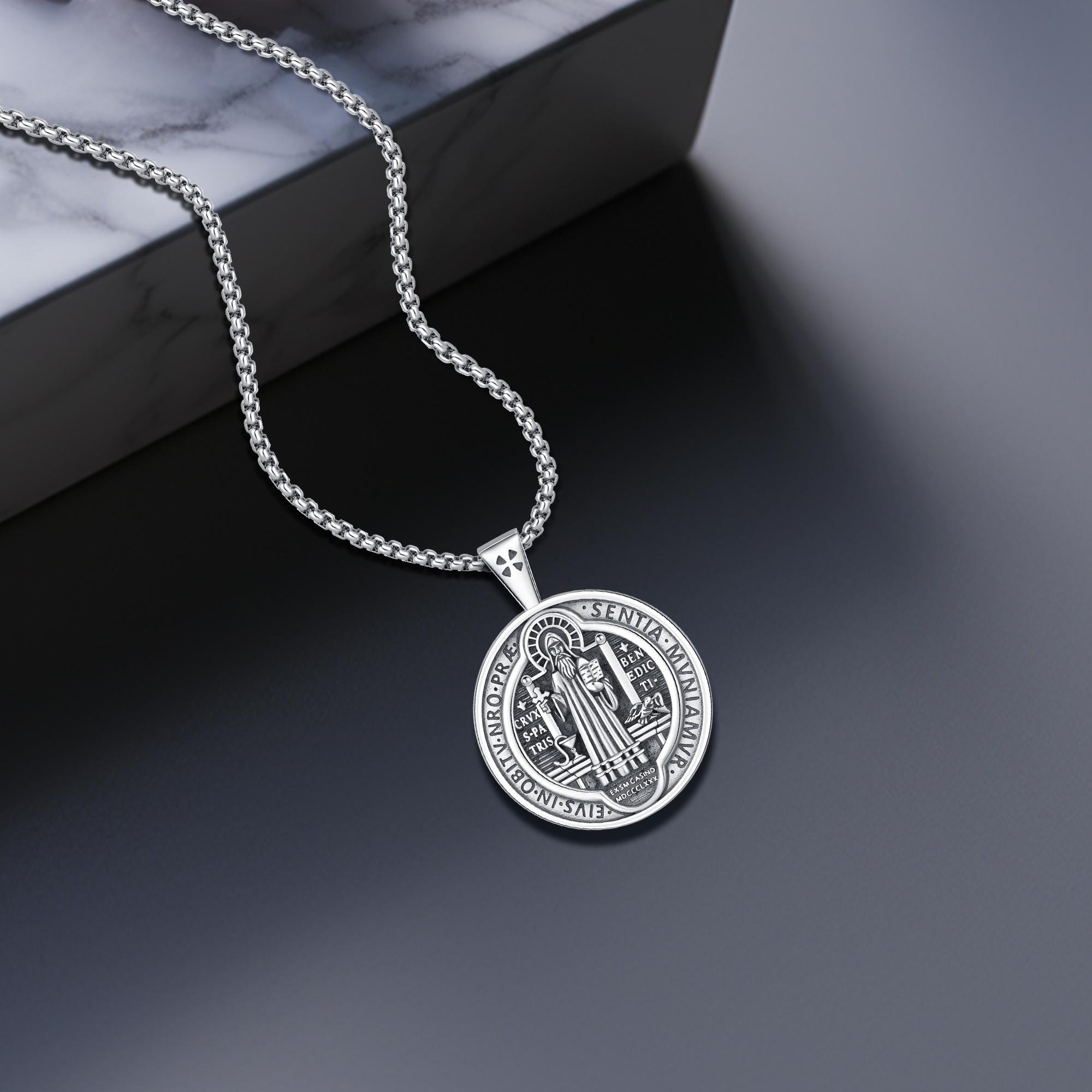 DRINSPER S925 Medalla de San Benito, 925 Sterling Silver St. Benedict of Nursia Vintage Medal Necklace, Protection Cross Sacramental Christian Belief Amulet Exorcism Religious Jewelry Gift for Men Women