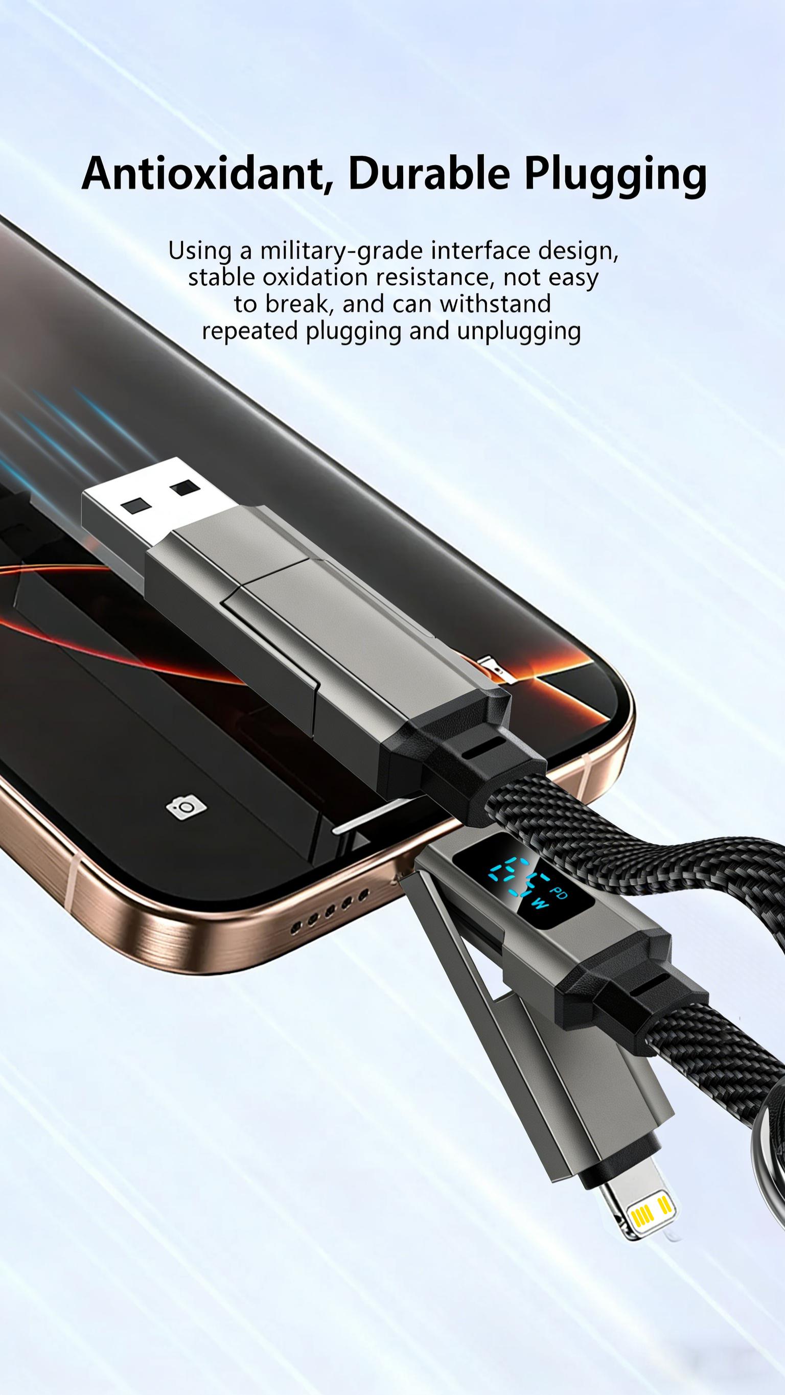 4 in 1 Short Type C Keychain Lanyard Data Cables with LED Display,Braided PD Fast Charging Cord