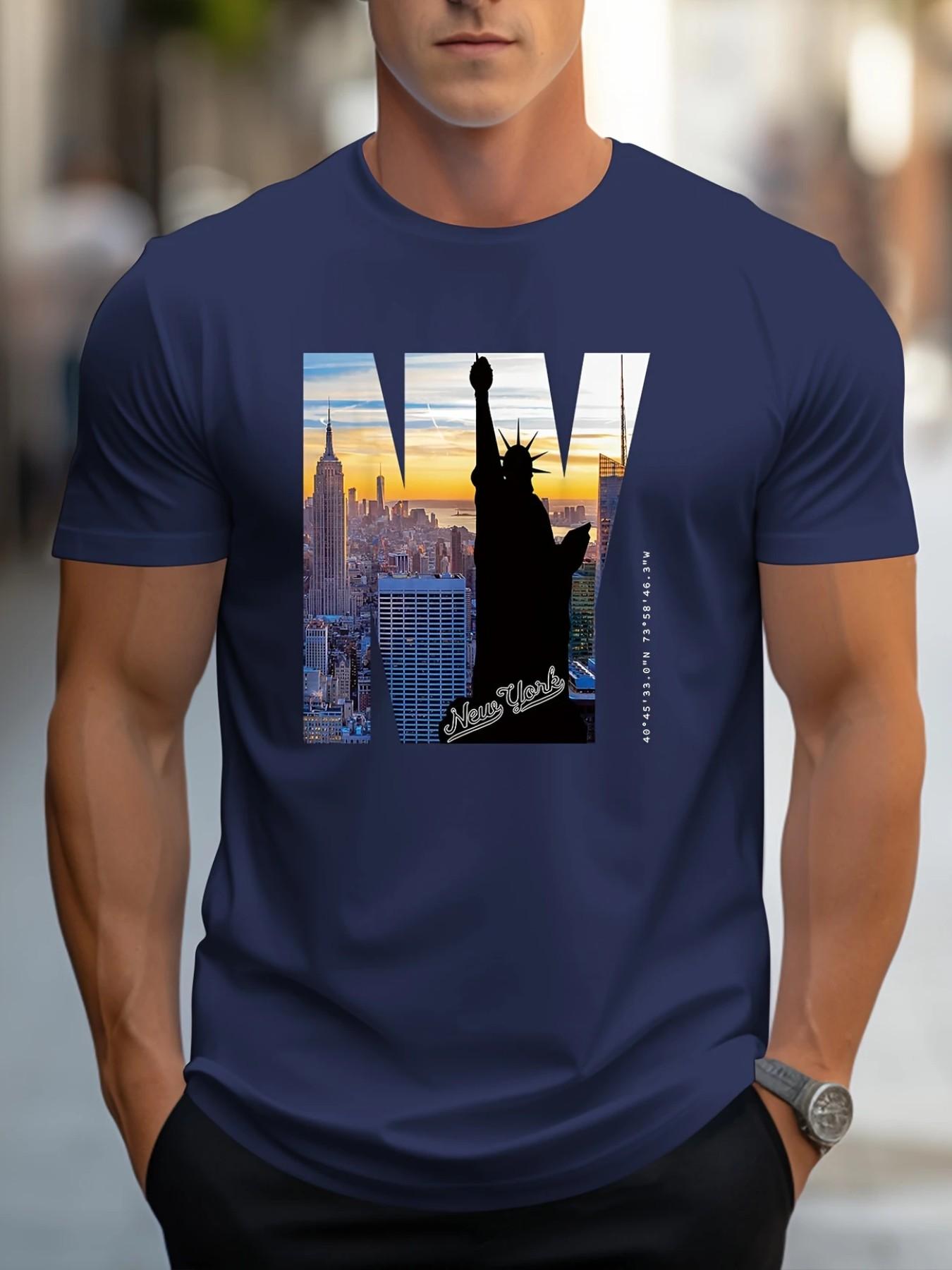 Men's Summer Casual 3D New York Statue of Liberty T-Shirt, Lightweight Polyester, Round Neck, Short Sleeve, Printed Design