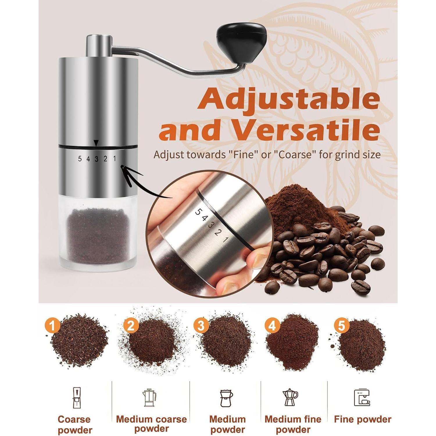 Manual Coffee Grinder with Ceramic Burr, 5 Adjustable Grind Settings, Hand Crank, Portable Size, Easy Cleaning, for Espresso, Press & Camping Travel Use