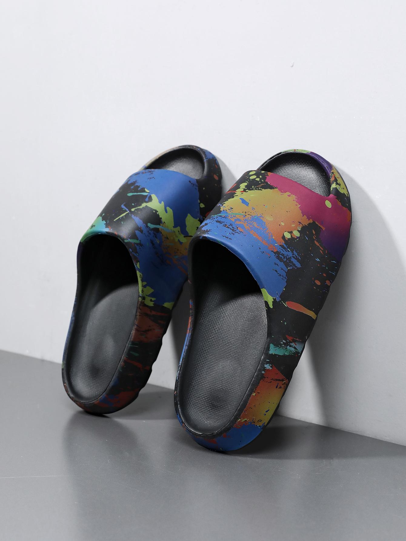 Unisex Splash-Ink Color Slides: Thick Anti-Slip Sole, Summer Outdoor Beach Slippers