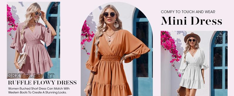 Wenrine Women‘s V Neck Casual Dresses Summer Loose High Waist Ruffle Pleated Cute Mini Short Dress