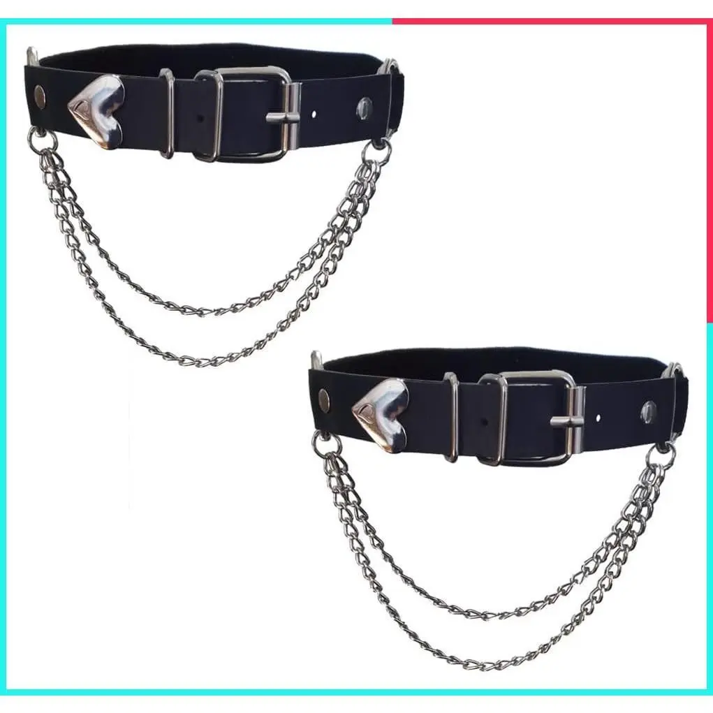 Adjustable Heart-Shaped Punk Leather Thigh Garter Set with Chains, 2-Piece Leg Garter Belts Body Accessories