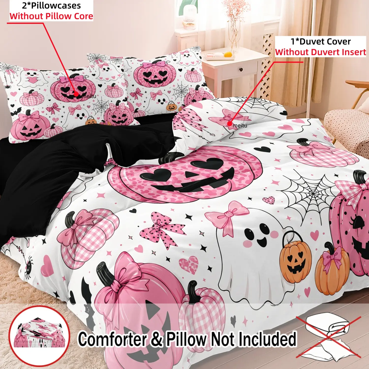 3Pcs Pastel Goth Halloween Print Duvet Cover Set, Pink Leopard Gingham Check Pumpkin Bow Smiling Ghost Spider Web Pattern Bedding, Room Halloween Party Decor Gift (1 Duvet Cover + 2 Pillowcases, No Comforter No Pillow)
