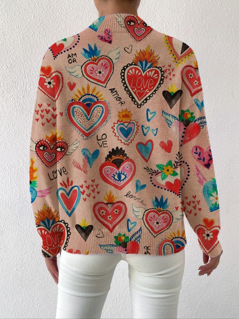 Women's Knitted Sweater, Cartoon Heart Print Design, Casual & Elegant Style, Perfect for Daily Wear, Holiday, Valentine Gift Idea