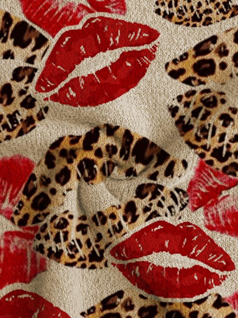Women's Leopard Print Lip Design Mock Neck Sweater, Cozy Long Sleeve Knit Top for Fall & Winter, Casual and Versatile Women's Clothing