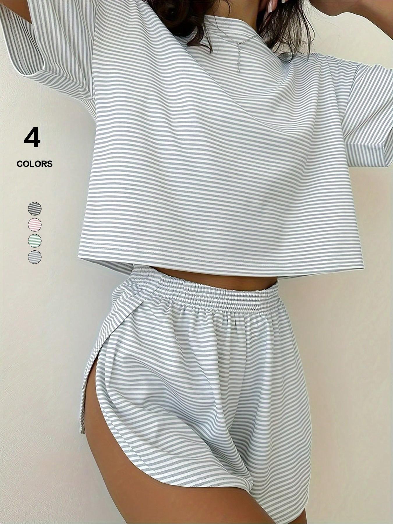 Women's Solid Color Ribbed Crew Neck Crop Top & Drawstring Waist Shorts, Fitted Casual Comfy Lounge Wear, All-Season Sleepwear