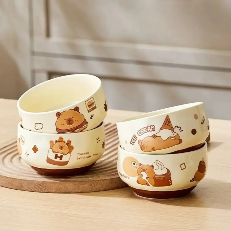 4 Pcs Cute Kapibala Ceramic Bowl Cartoon Anti-scald Soup Bowl Home Kitchen Noodle Ramen Tableware Bowl