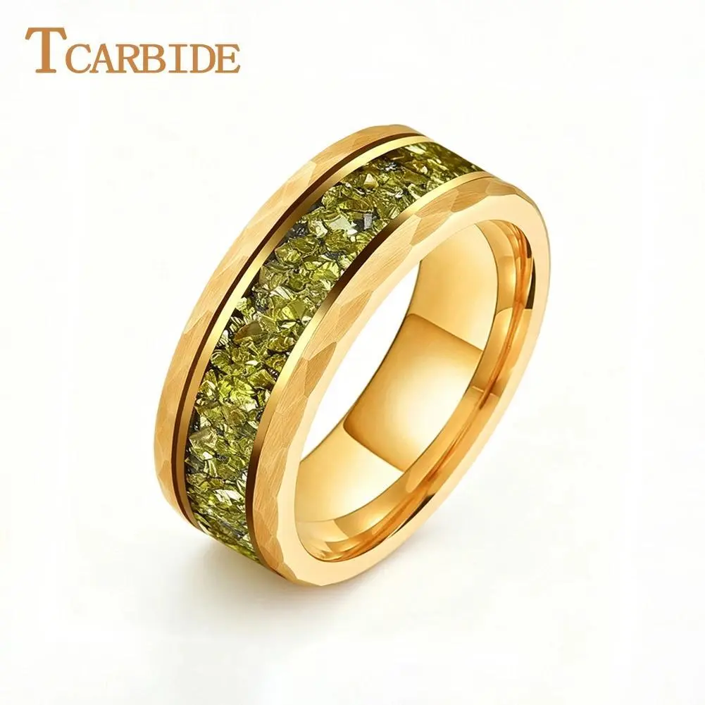 Tungsten Carbide 8mm Hammer Edge Ring, Handmade Peridot Inlay Comfort Fit Wedding Band for Wedding Wear
