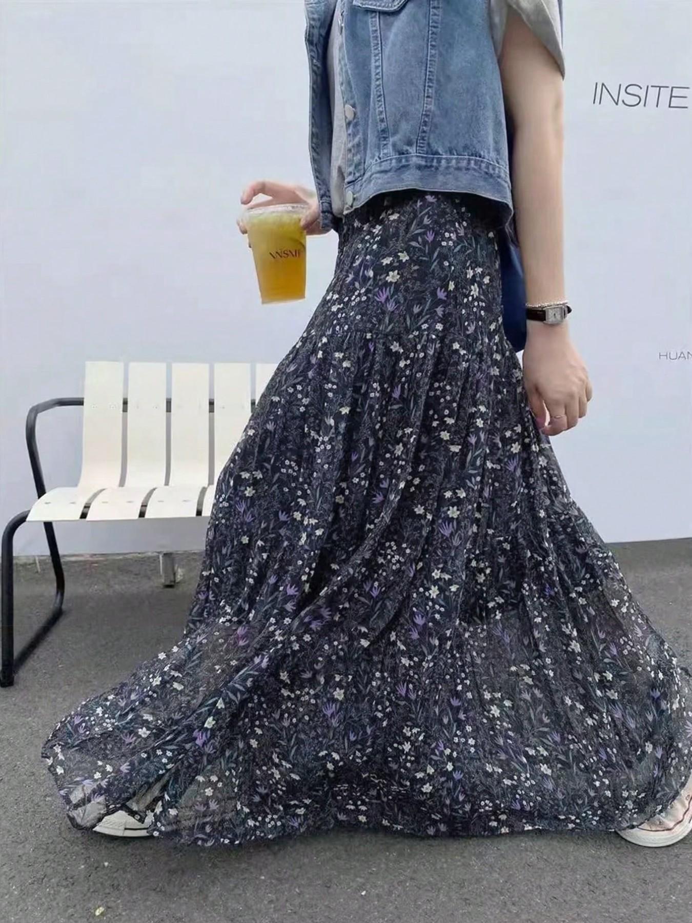 Women's Deep Blue Ditsy Floral Midi Casual Boho Skirt, High Waist A-Line Design, Casual Loose Fit, Long Knee-Length, Fashionable Summer Dress
