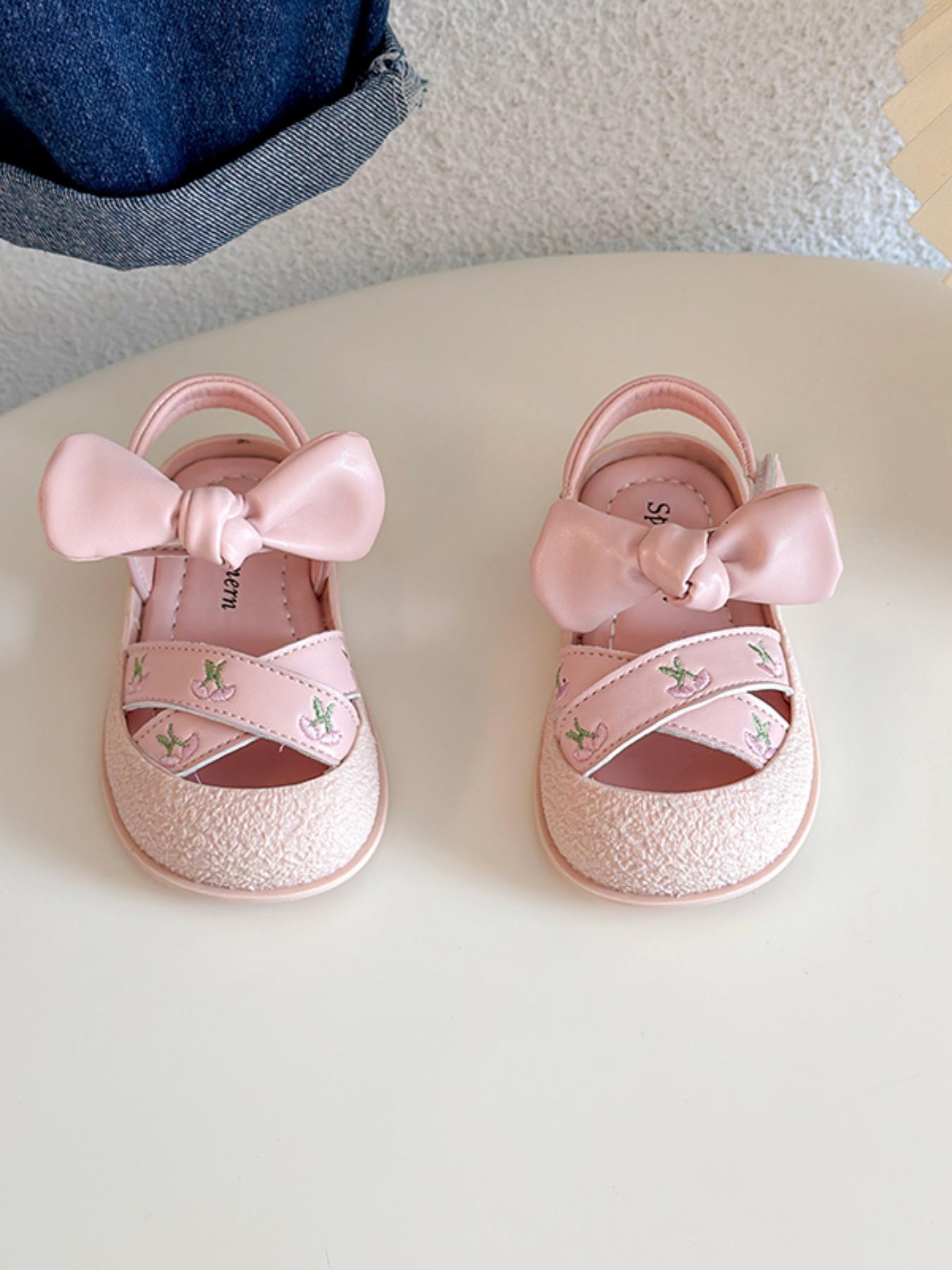Cherry Embroidery Bow Infant Sandals, Sweet Princess Style, Easy-On Velcro, Soft Toe Protection, Non-Slip Rubber Sole, Summer