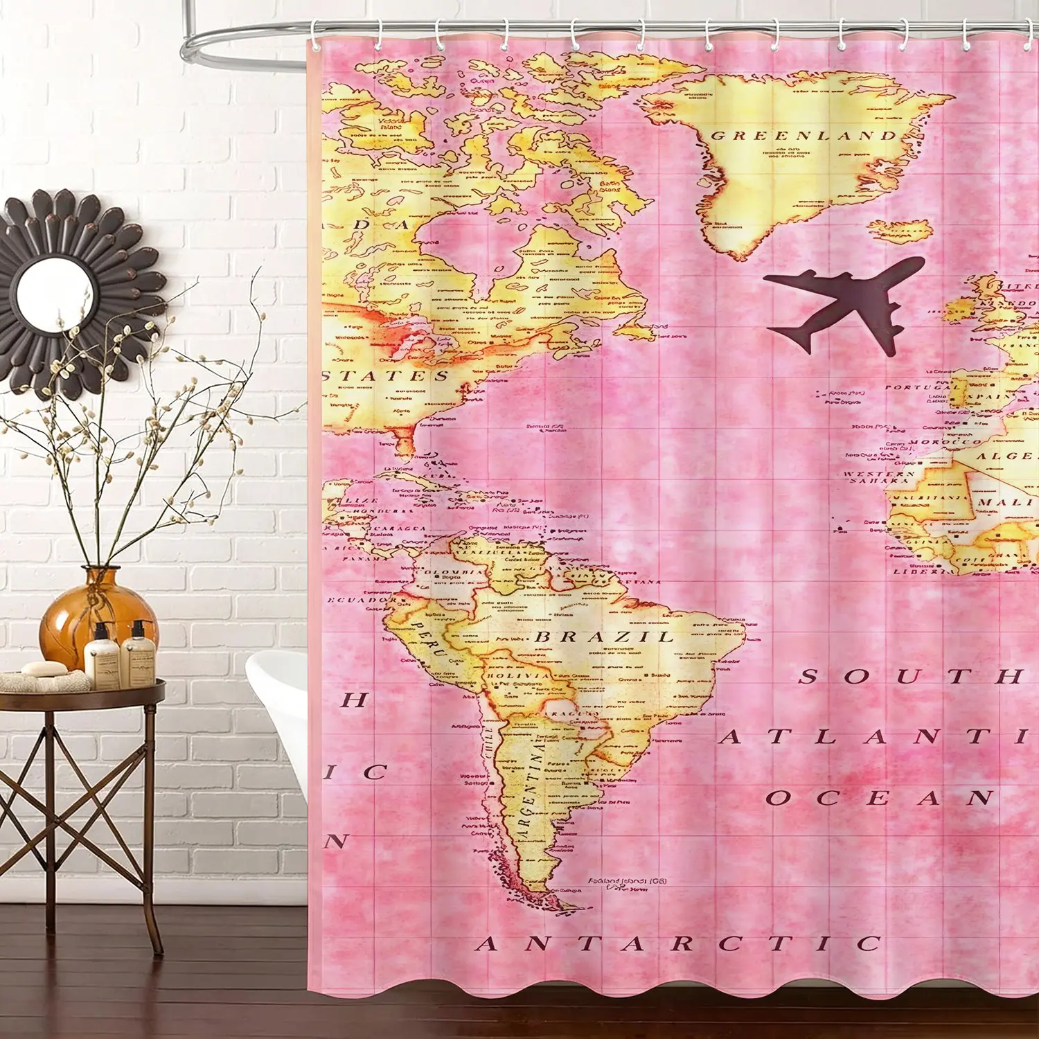 Pink World Map Waterproof Shower Curtain, Soft Pink Watercolor Background Retro World Map Airplane Silhouette Continents Ocean Label Print Polyester Mildew Resistant Bathroom Curtain with Hooks, Suitable for Girls Bath Decor