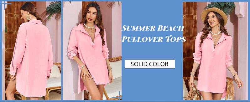 Tankaneo Womens Cotton Linen Tunic Shirts Button Down Long Sleeve Blouse Tops Beach Cover Up