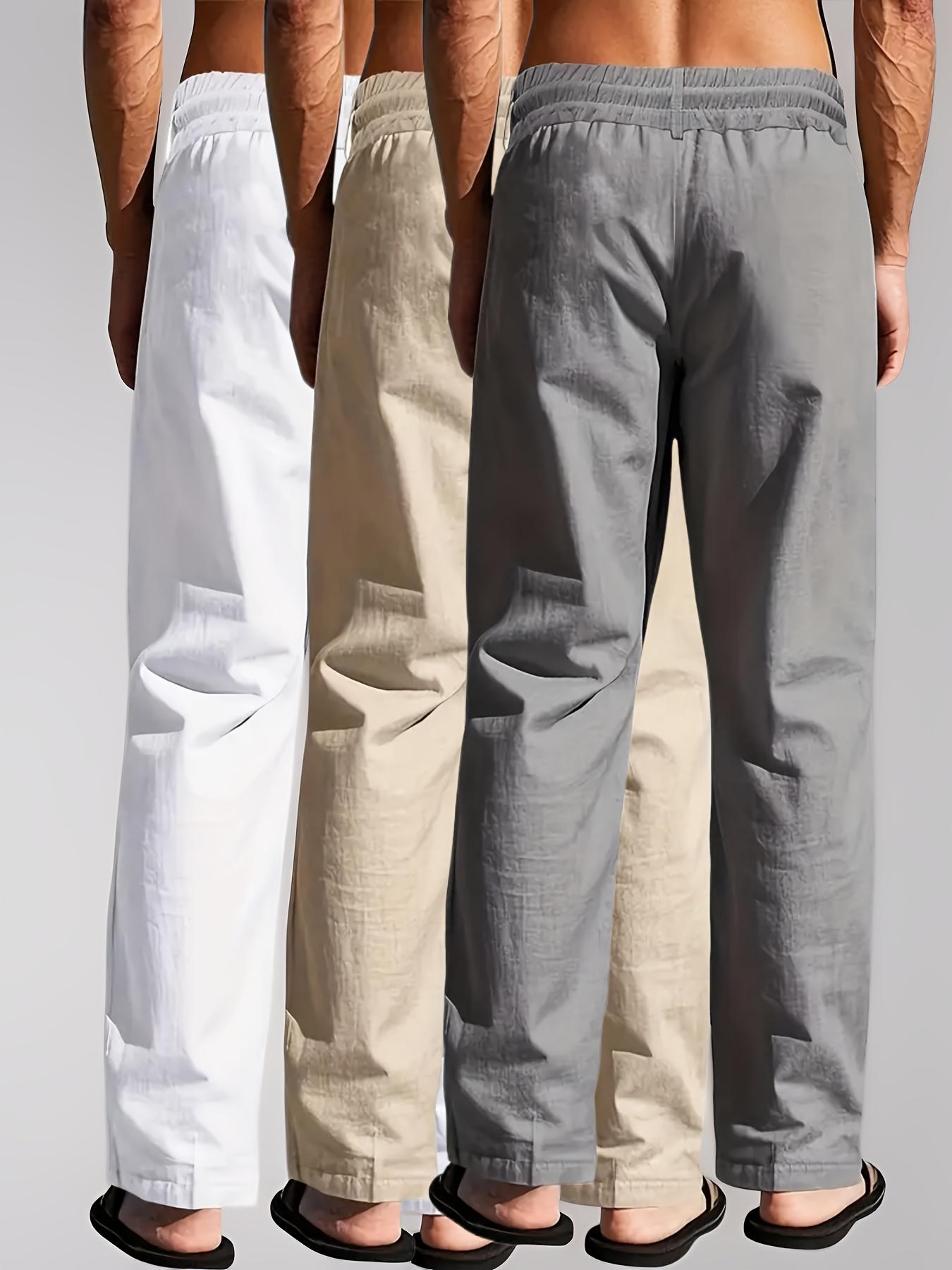 3 pieces of men's summer plain-color simple linen casual straight-leg trousers, Casual Solid Drawstring, beach-friendly lightweight breathable linen trousers, suitable for daily commuting and outdoor activities, vacations, beaches, Casual Fashion Pockets