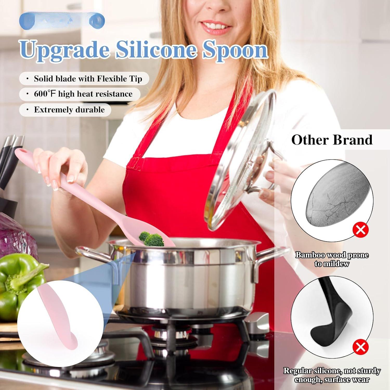 Mixing Spoons 2-Pack, 10.8" Large High Heat Resistant Nonstick Cooking spoon for Stirring, Mixing and Serving, Green &  Rubber Spoon.