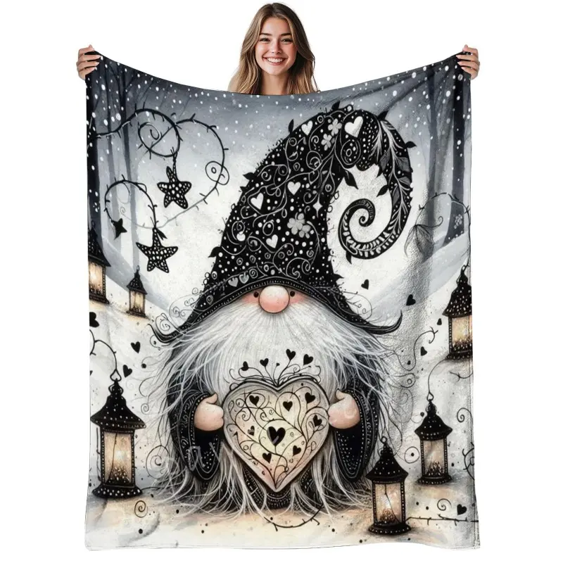 1pc Nordic Whimsical Animal Theme Gnome 280gsm Flannel Blanket - Soft Warm Heart Design, All-Season Throw for Sofa Bed, Whimsical Home Decor for Indoor Use, Home & House Room Decor