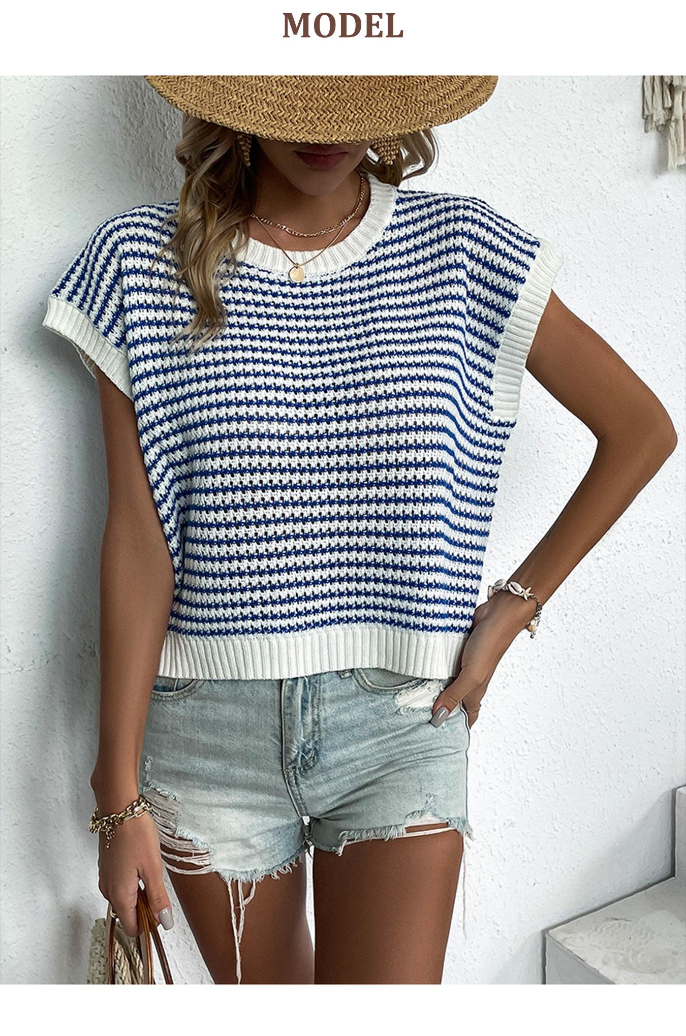 Women's Striped Knitted Vest Top, Round Neck Cap Sleeve Casual Loose Fit, Elegant Summer Fashion, Versatile Women's Knitwear