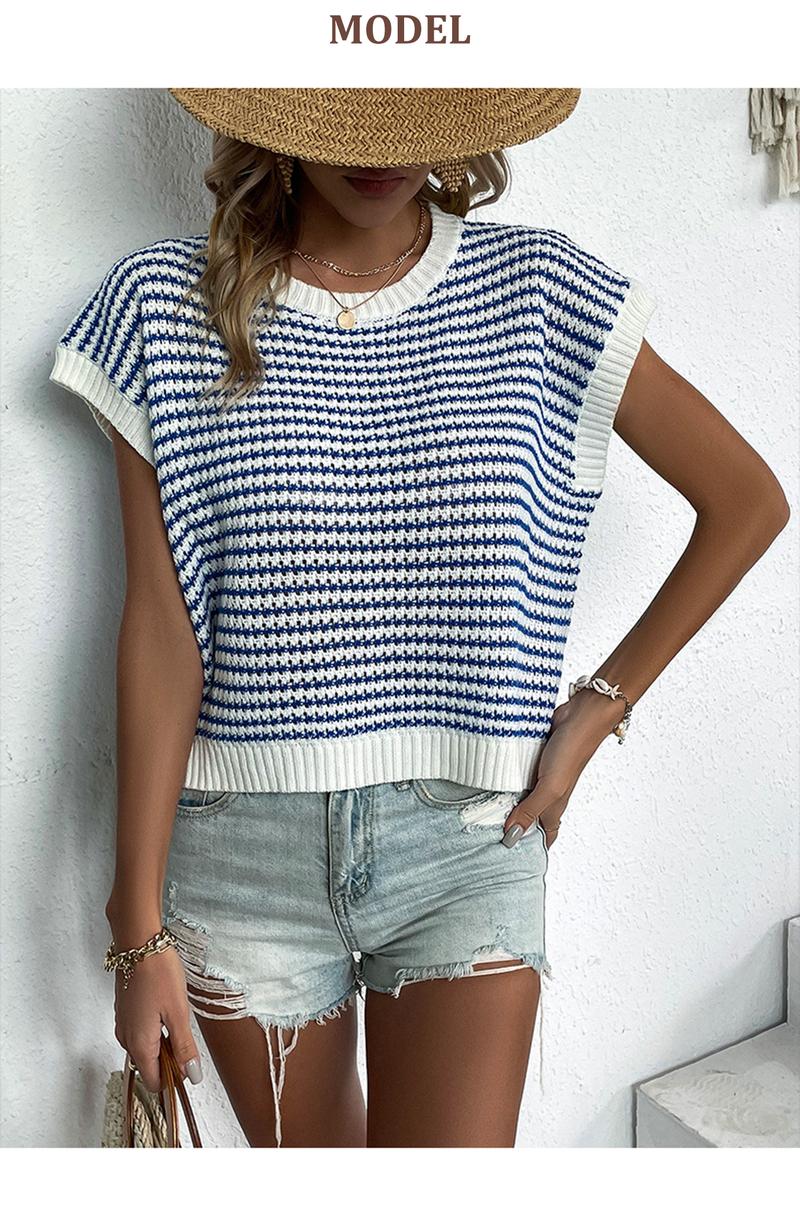 Women's Striped Knitted Vest Top, Round Neck Cap Sleeve Casual Loose Fit, Elegant Summer Fashion, Versatile Women's Knitwear