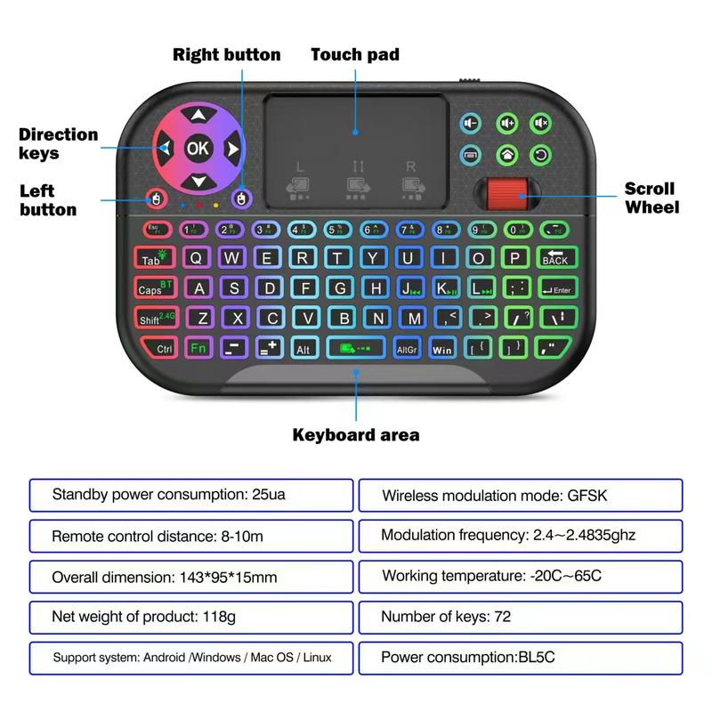 Mini Keyboard,Bluetooth & 2.4GHz Portable Wireless Keyboard with Touchpad Mouse,RGB Backlit,Rechargeable Battery for Android TV Box/Mac/PC/Nvidia Shield Air Mouse, Rechargeable Backlight Keyboard