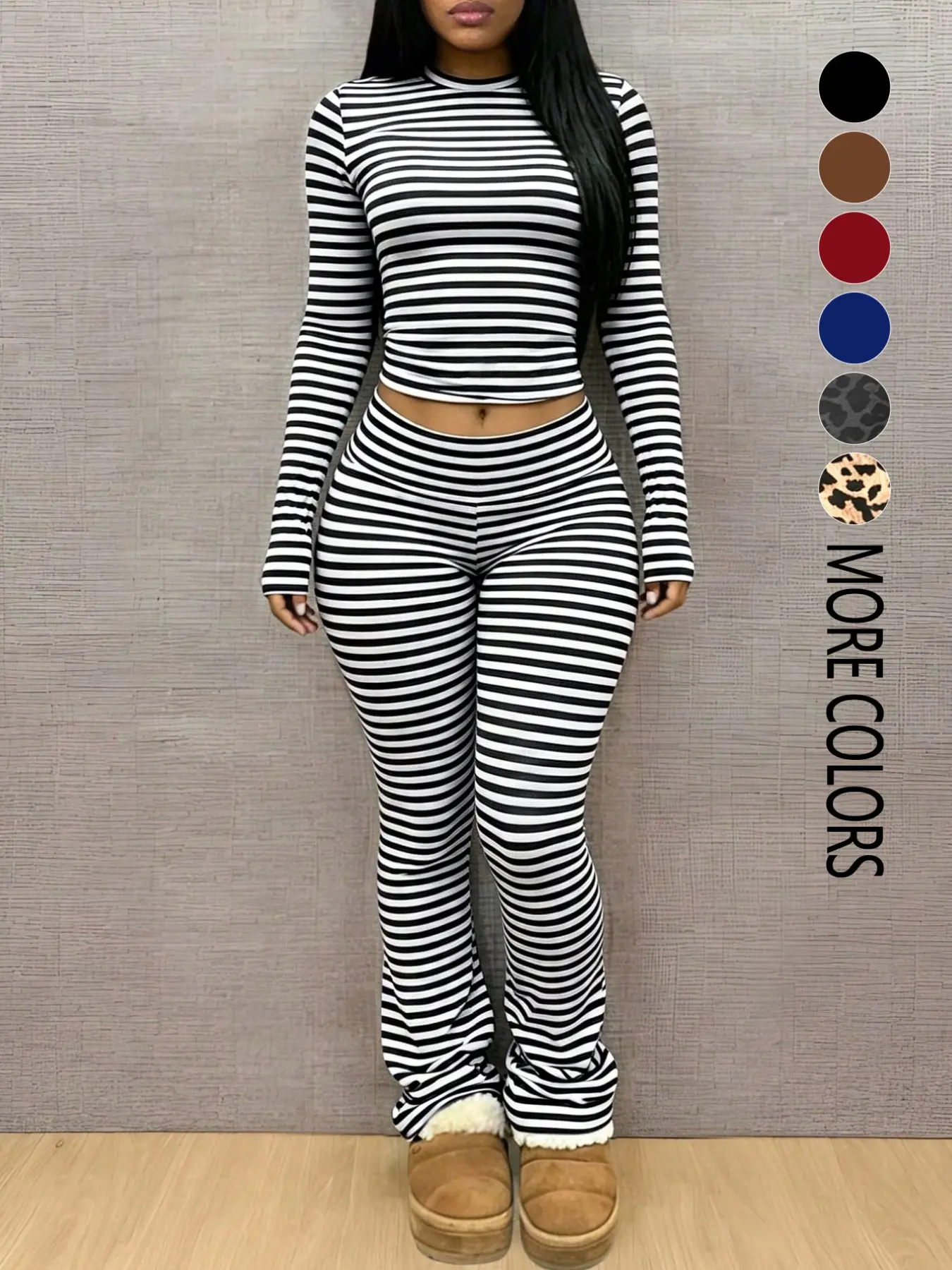 Women's casual striped long-sleeved shirt and trousers two-piece set, Top, suitable for everyday outings, casual and stylish.