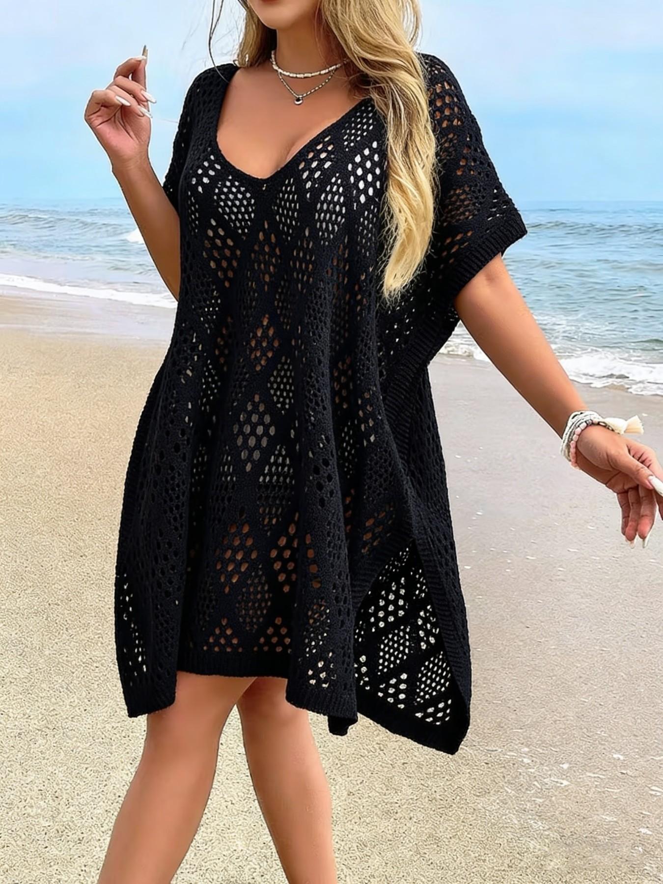 Elegant V Neck Crochet Beach Dress, Sexy Elastic Acrylic Hoodie, Side Slit, Spring Summer Fall, Vacation