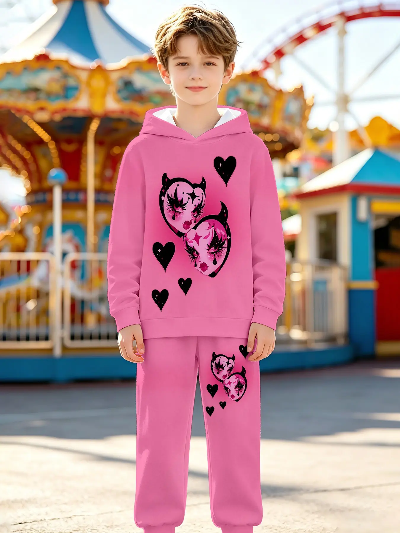 Girls' Sweet Cool Hoodie Set, Heart Devil Cartoon Print, Loose-Fitting Long Sleeve Sweatpants, Trendy Kids Fashion