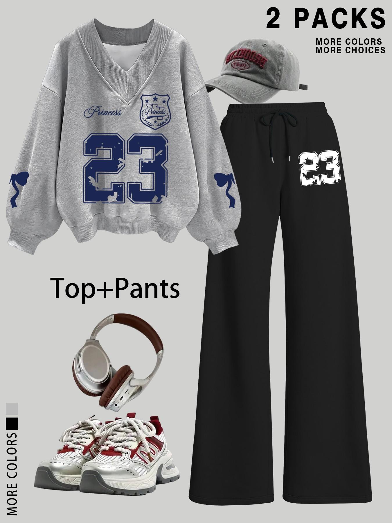 Women's V Neck Sweater Pants Set, Fashionable Digital Bowknot Print, Straight Leg Elastic Waist, Casual Long Sleeve Pullover