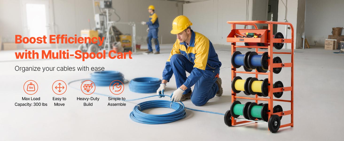 VEVOR Wire Spool Rack, 11 Rods, Multi-Spool Wire Rack Dispenser, Cable Caddy with Wheels, Cable Holder with Storage Tray for Wiring Storage, for Electrical, Industrial Retail Use, Working Efficiency