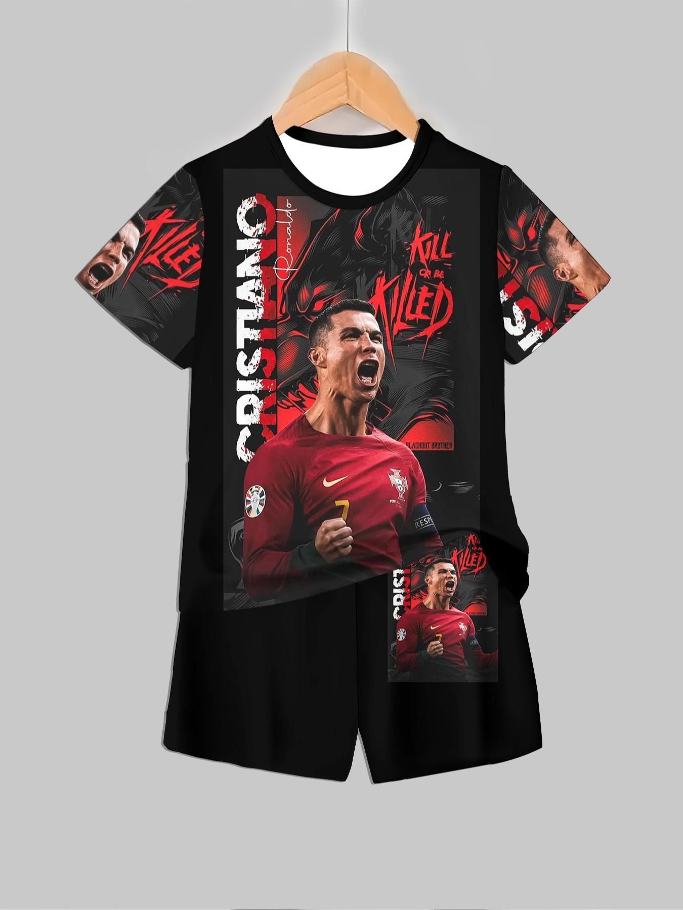 Boys' Colorblock Set, Cristiano Ronaldo 7 Celebration, Casual Summer, Full Print Design, Party & Sports Wear
